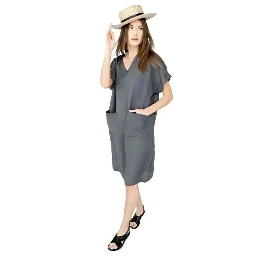 Menina Women's Gray Linen Blend V-Neck Short Cuffed Sleeve Oversized Dress w Poc